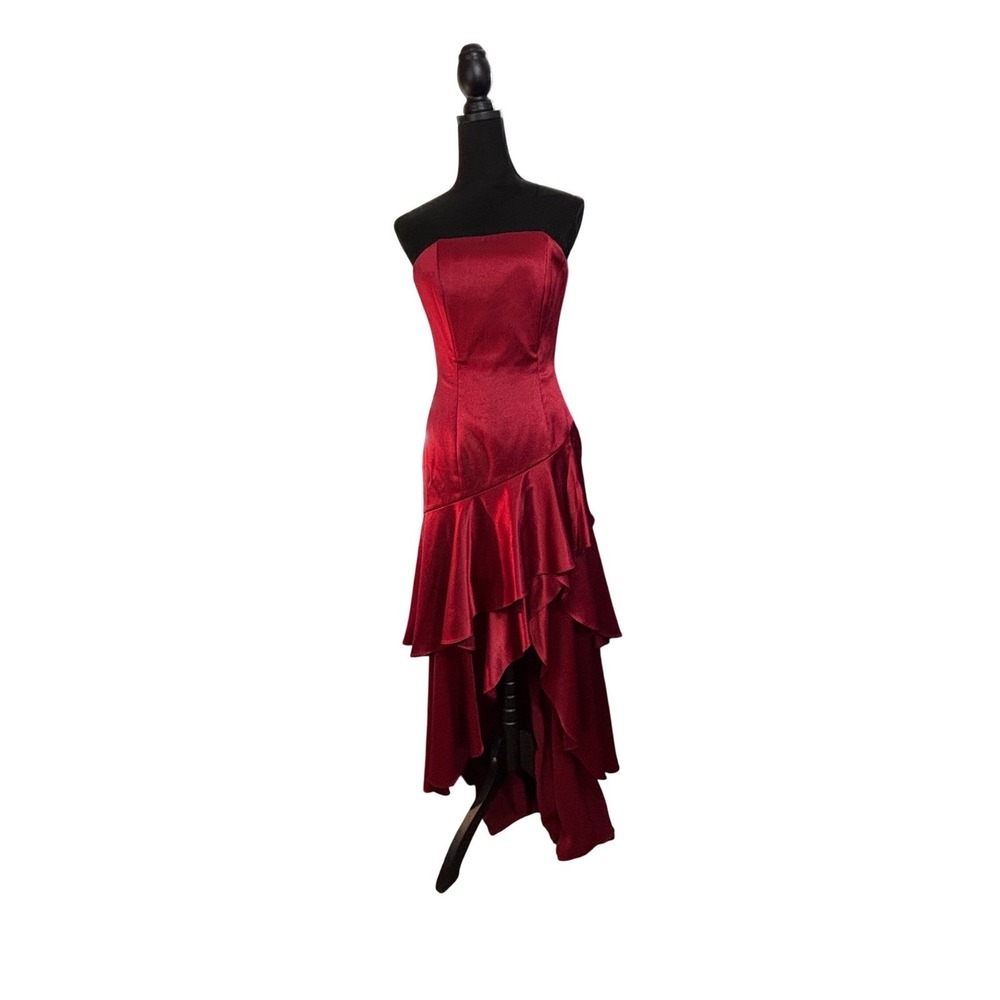 Alice + Olivia Ruby Red Satin Strapless High-Low Ruffle Gown Dress Size‎ 4 - Picture 2 of 16